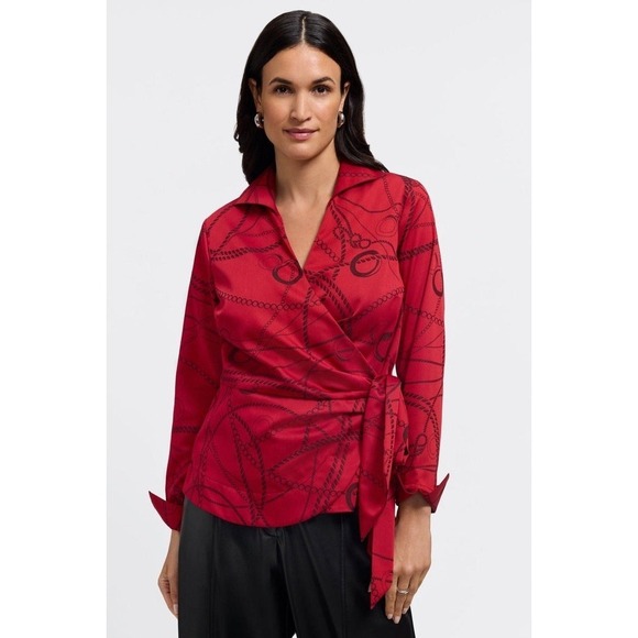 Foxcroft Tops - Foxcroft Womens Salina Chain Stripe Wrap Shirt Size L Red Black Career Old Money